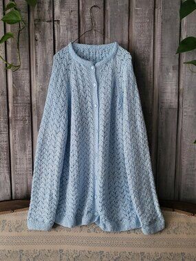 Vintage Handmade Pastel Blue Crochet Cable Knit Cardigan Sweater XL Oversized